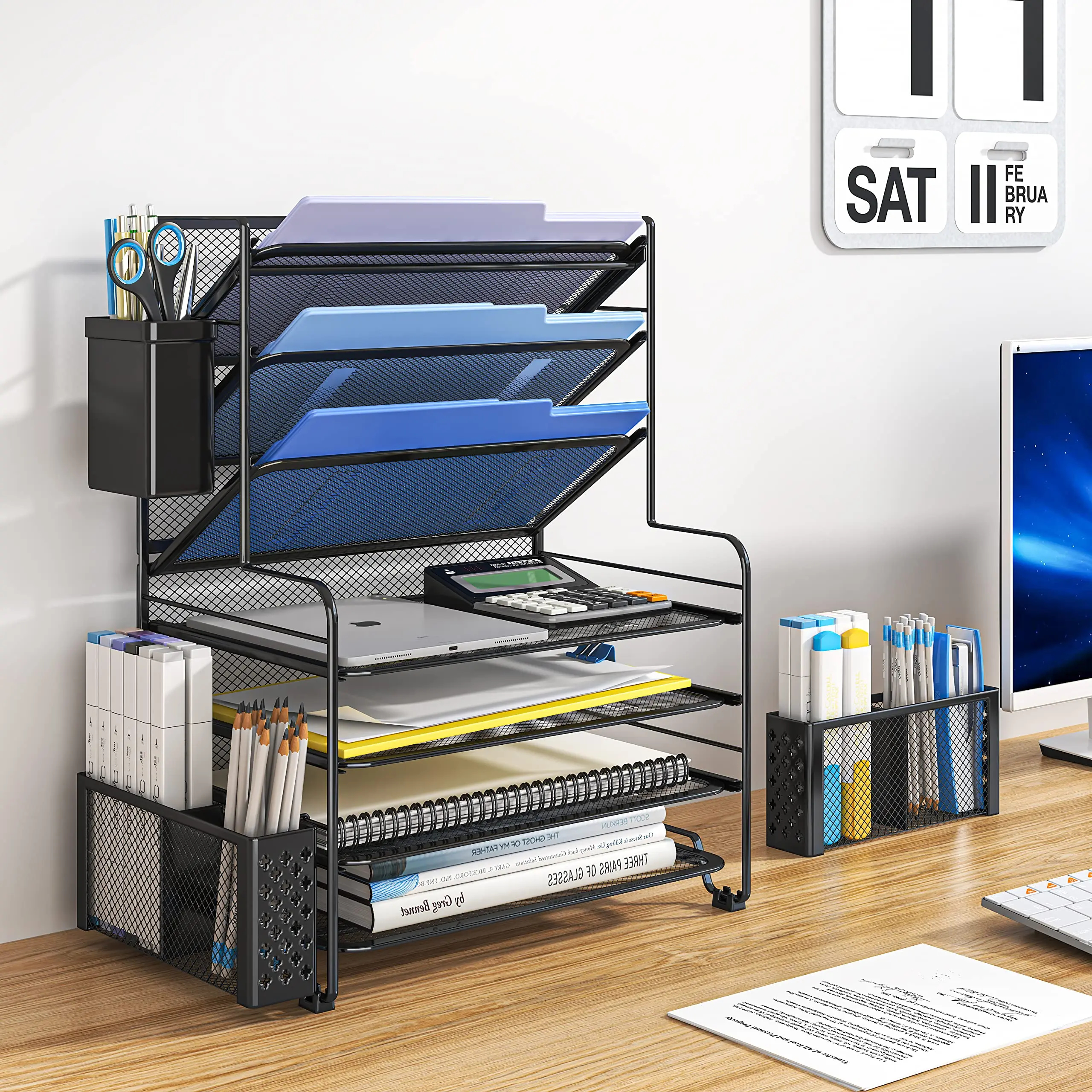 Organisateur de Bureau Multifonction 7 Niveaux en Métal Noir